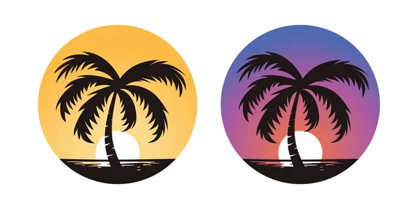 病媒棕榈树 棕榈树图标集隔离 日落背景上的棕榈轮廓 设计热带 夏季概念模板 病媒说明 — 图库矢量图片