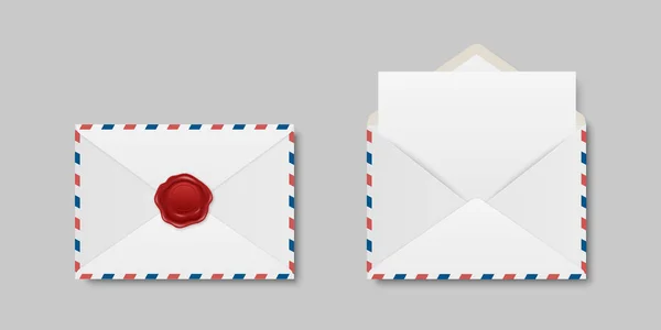 Vector Envelopes Red Wax Seal Blank Letter Складені Розгорнуті Ізольовані — стоковий вектор