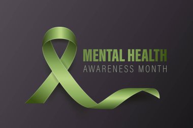 Akıl Sağlığı Bilgisi Ay Sancağı, Kart, Siyah Arkaplanda 3 boyutlu Gerçekçi Yeşil Kurdele. Akıl Sağlığı Bilinci Ayı - Mayıs - Sembol Kapanışı. Dünya Akıl Sağlığı Günü Konsepti.