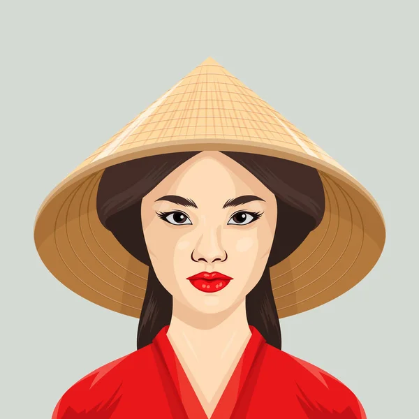 Wektorowy Portret Pięknej Młodej Azjatki Chińskim Azjatyckim Tradycyjnym Stożkowym Kapeluszem — Wektor stockowy