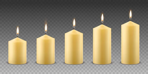 病媒3D现实的黄色 橙色石蜡蜡燃烧党 矿泉烛台与蜡烛的火焰 不同尺寸的藏品 设计模板 前视图 — 图库矢量图片