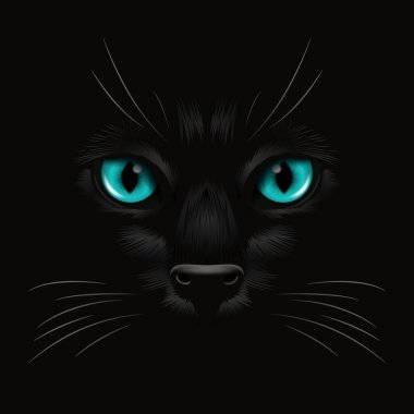 Vektör 3d Karanlıktaki Kara Kedi 'nin Gerçekçi Kırmızı Kedileri Gözü, Gece. Kırmızı, Kedi Yüzlü Evet, Burun, Siyah Bıyıklı. Cat Closeup Karanlıkta Bak. Ön Görünüm.