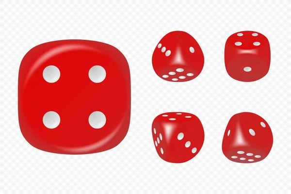 異なる位置に設定されたホワイトドットとベクトル3Dリアルなレッドゲームダイスは隔離されました ギャンブルゲームデザイン カジノ ポーカー テーブルトップ ボードゲーム 丸みを帯びたエッジを持つ現実的なキューブ — ストックベクタ