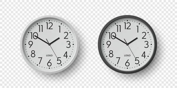 ホワイトクロックとベクトル3Dラウンドウォールオフィスクロックは 隔離された設定をダイヤルします デザインテンプレート ブランディングのためのモックアップ ベクトルシンプルなミニマリズム時計 フロントビューの時計 — ストックベクタ