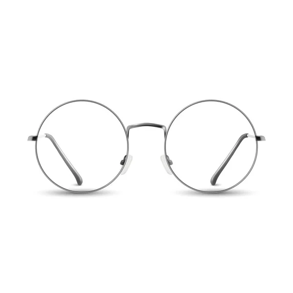 ベクトル3Dリアルなグレーシルバーラウンドフレームメガネ 無色透明サングラス用女性と男性 アクセサリー 光学系 レンズ ヴィンテージ トレンドグラス フロント トップビュー — ストックベクタ