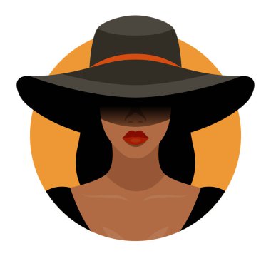 Vector Background. Beautiful Young African American Black Woman with Black Hair, Closed Face with Big Hat, Wide Margins Covering Her Face, Flat Style. Solidarity People, Womens Rights Concept. clipart