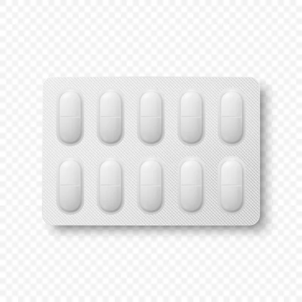 Vector Realistic Oval Pharmaceutical Medical Pills Vitamins Capsule Blister Closeup — Stock Vector