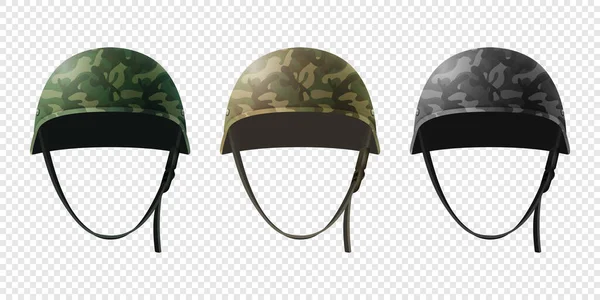 ベクトル3Dリアルな軍用ヘルメットアイコンセット閉鎖絶縁 ヘルメット 防衛の軍のシンボルと保護します 兵士ヘルメットデザインテンプレート — ストックベクタ