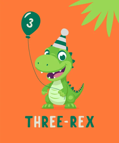 Dinosaurio Tirannosaur Tres Rex Tirex Dibujos Animados Feliz Tarjeta Cumpleaños — Vector de stock