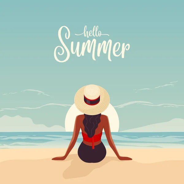 帽子のベクトルフラット若い女性ビーチで日没に座って リゾートを楽しんだり 夏のシーサイドサンドビーチでリラックスしたり バックビュー 夏のコンセプト 海の景色の背景 — ストックベクタ