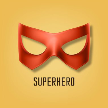 Vector Realistic Red Super Hero Mask on Yellow Background. Face Character, Superhero Comic Book Mask Design Template. Superhero Carnival Glasses, Front View. clipart