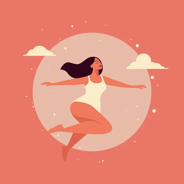 Векторный Полет Взлетающая Счастливая Женщина Прыжке Розовом Фоне Привлекательная Красивая — стоковый вектор