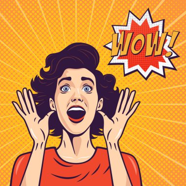 Vector Banner with Woman, Wow Face, Tokalaşan Eller, Kollar, Avuçlar Pop Art Comic Style 'da yanaklarına yakın. Satılık Poster, İndirimli Pankart, İlan Kartı. Güzel Şaşkın Kadın.