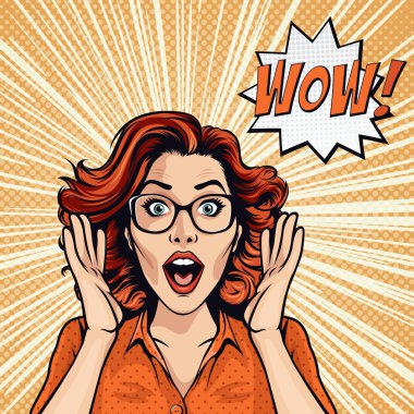 Vector Banner with Woman, Wow Face, Tokalaşan Eller, Kollar, Avuçlar Pop Art Comic Style 'da yanaklarına yakın. Satılık Poster, İndirimli Pankart, İlan Kartı. Güzel Şaşkın Kadın.