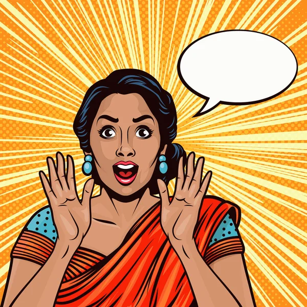 インドの女性とベクターバナー すごい顔 手を保持 ポップアートコミックスタイルで彼女の頬の近くの手のひら 販売のための広告ポスター 割引プラカード フライヤーカード 美しい驚きの女性 — ストックベクタ