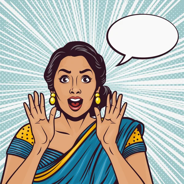 带有印度女人的矢量旗帜 牵着手 手掌靠近她的脸颊 流行艺术漫画风格 招贴画销售 折扣招贴画 传单卡 美丽而惊讶的女人 — 图库矢量图片