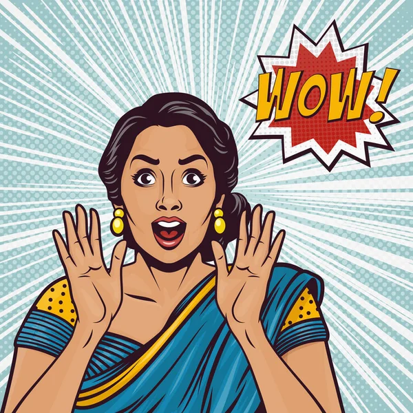 Vector Banner Indian Woman Wow Face Holding Hands Arms Palms - Stok Vektor