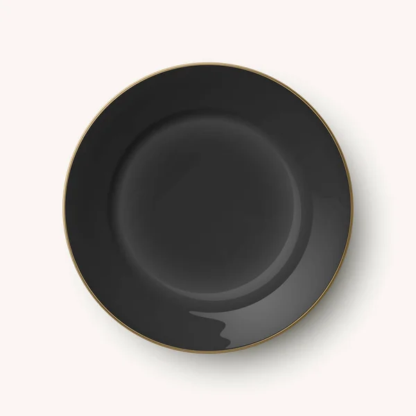 Vector Realistic Black Golden Border Empty Porcelain Ceramic Plate Icon — Stock Vector