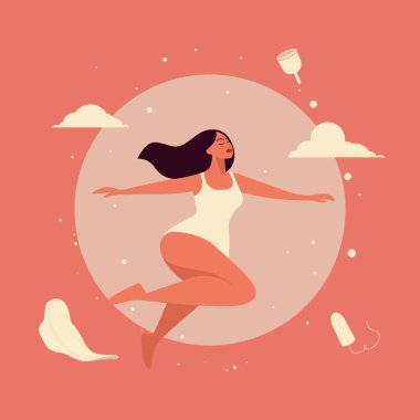 Vektör Uçuşu, Pembe Arkaplanda Zıplayan Mutlu Kadın Hijyenik Peçete, Adet Kupası, Tampon Çevresinde. Kadın Sağlığı, Kadınsal Adet Döngüsü, Adet, Hijyen Konsepti Bayrağı.