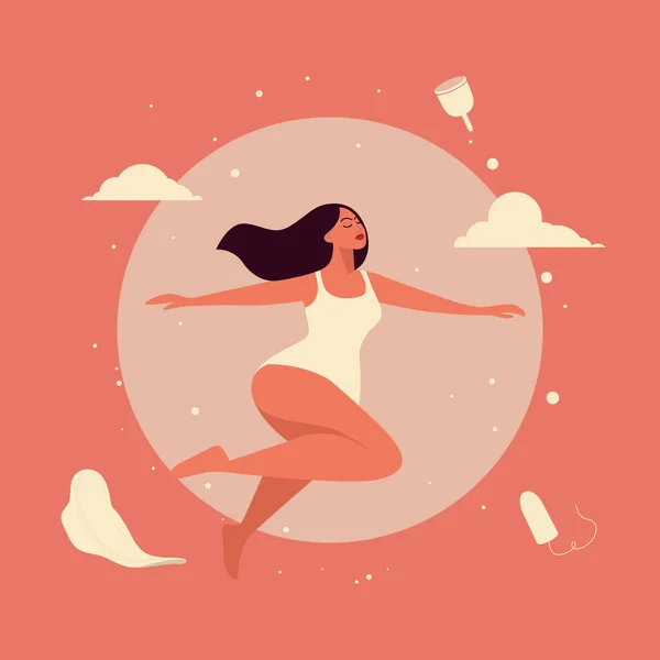 Векторный Полет Взлетающая Счастливая Женщина Прыжке Розовом Фоне Гигиенической Салфеткой — стоковый вектор
