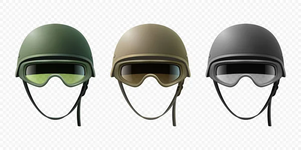 矢量3D现实军事头盔图标集与保护眼镜 闭锁隔离 Helmet 陆军的防卫与保护象征 士兵辅助设计模板 — 图库矢量图片
