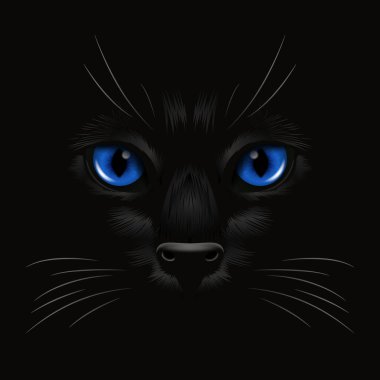Vektör 3d Karanlıktaki Kara Kedi 'nin Gerçekçi Kırmızı Kedileri Gözü, Gece. Kırmızı, Kedi Yüzlü Evet, Burun, Siyah Bıyıklı. Cat Closeup Karanlıkta Bak. Ön Görünüm.