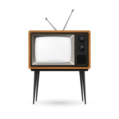 Tahta Çerçeve ve Şeffaf Ekranlı Vektör Retro TV Alıcısı izole edildi. Ev Tasarımı Konsepti. Klasik TV Frame Design Şablon, Sınır. Televizyon Konsepti. Ön Görünümde TV Ayarları.