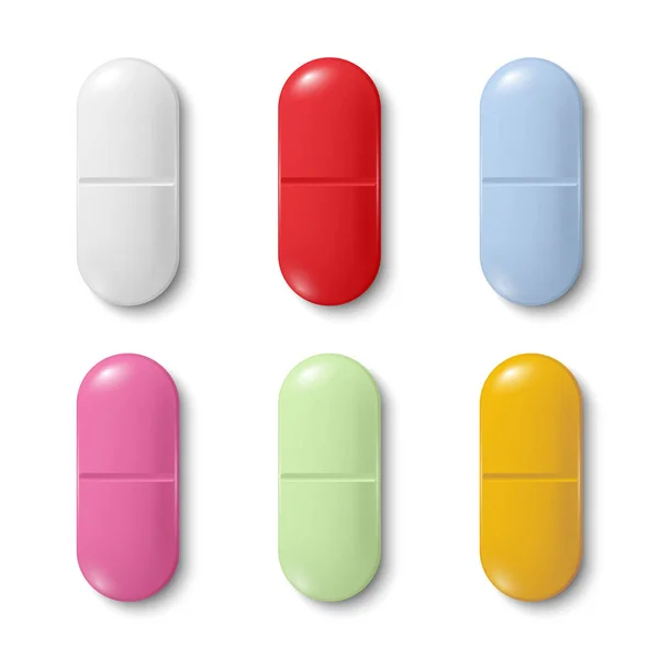 Píldoras Médicas Farmacéuticas Ovales Realistas Del Vector Tabletas Vitaminas Primer — Archivo Imágenes Vectoriales