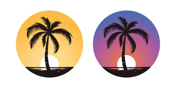 Vektor Palmen Palmen Icon Set Isoliert Palm Silhouetten Auf Sonnenuntergang — Stockvektor