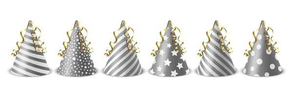 Vector Realistic Grey White Birthday Party Hat Icon Set Isolated — Stock Vector