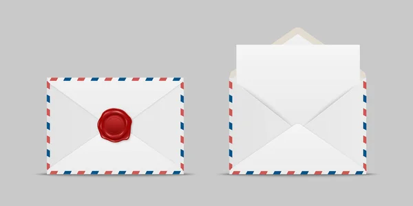 Kırmızı Balmumu Mührü Boş Mektubu Olan Vektör Zarfları Üst Görünümde — Stok Vektör