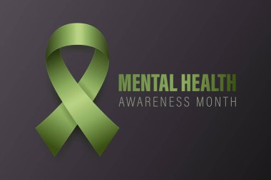 Akıl Sağlığı Bilgisi Ay Sancağı, Kart, Siyah Arkaplanda 3 boyutlu Gerçekçi Yeşil Kurdele. Akıl Sağlığı Bilinci Ayı - Mayıs - Sembol Kapanışı. Dünya Akıl Sağlığı Günü Konsepti.