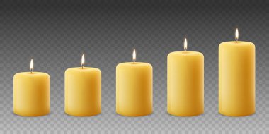 Vektör 3d Gerçekçi Sarı, Turuncu Parafin Yakma Partisi, Mum Alevli Spa Mum Seti, izole edilmiş. Farklı Boyut Koleksiyonu. Tasarım Şablonu, Ön Görünüm.