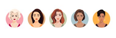 Vektör Kadın Avatar Set. Güzel Genç Kızlar Portre Koleksiyonu, Farklı Saç Tarzı. Kadın yüzü tipleri, farklı milletler portreleri. Düz Tarzlı Çok Irklı Çizgi Roman Derneği. Ön Görünüm.