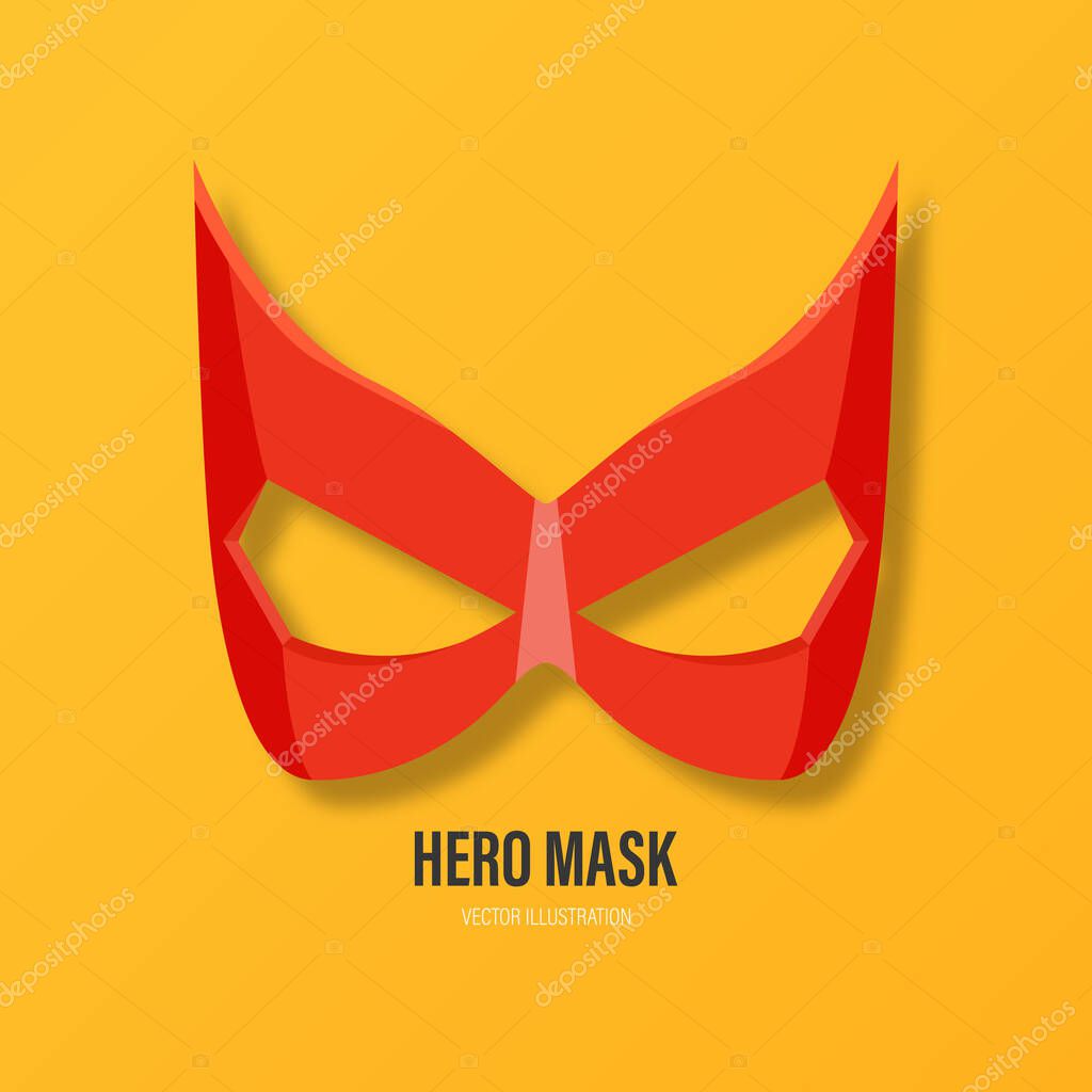 Vector Red Super Hero Mask on Yellow Background. Face Character, Superhero Comic Book Mask Design Template. Superhero Carnival Glasses, Front View.