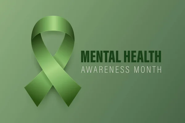 stock vector Mental Health Awareness Month Banner, Card, Placard with Vector 3d Realistic Green Ribbon on Green Background. Mental Health Awareness Month - May - Symbol Closeup. World Mental Health Day Concept.