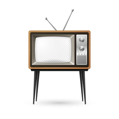 Tahta Çerçeve ve Şeffaf Ekranlı Vektör Retro TV Alıcısı izole edildi. Ev Tasarımı Konsepti. Klasik TV Frame Design Şablon, Sınır. Televizyon Konsepti. Ön Görünümde TV Ayarları.