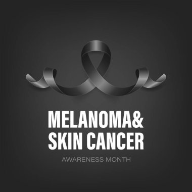 Melanoma, Cilt Kanseri Banner, Kart, Siyah Arkaplanda 3 boyutlu Gerçekçi Siyah Kurdele. Melanoma, Cilt Kanseri Bilinci Ay Sembol Kapanışı, Mayıs. Dünya Melanoma Günü Konsepti.