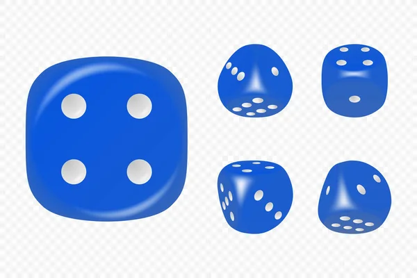 異なる位置に設定されたホワイトドットとベクトル3D現実的なブルーゲームダイスは隔離されました ギャンブルゲームデザイン カジノ ポーカー テーブルトップ ボードゲーム 丸みを帯びたエッジを持つ現実的なキューブ — ストックベクタ
