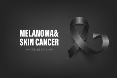 Melanoma, Cilt Kanseri Banner, Kart, Siyah Arkaplanda 3 boyutlu Gerçekçi Siyah Kurdele. Melanoma, Cilt Kanseri Bilinci Ay Sembol Kapanışı, Mayıs. Dünya Melanoma Günü Konsepti.
