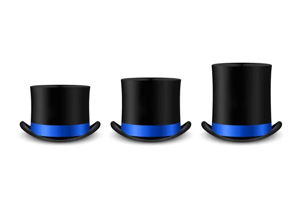 ベクトル3Dリアルなブラックトップ帽子アイコンセットブルーリボン異なるサイズのクローズアップが分離されました クラシックレトロヴィンテージトップ帽子コレクション ヴィンテージ紳士メンズ帽子 フロントビュー — ストックベクタ