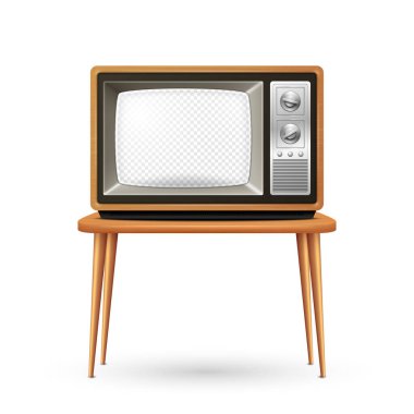 Tahta Çerçeve ve Şeffaf Ekranlı Vektör Retro TV Alıcısı izole edildi. Ev Tasarımı Konsepti. Klasik TV Frame Design Şablon, Sınır. Televizyon Konsepti. Ön Görünümde TV Ayarları.