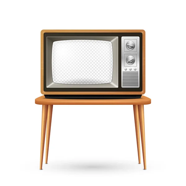 具有木制框架和透明屏幕的矢量复古电视接收机 家庭室内设计概念 古色古香的电视画框设计模板 电视概念 电视机在前视图 — 图库矢量图片