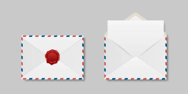 Kırmızı Balmumu Mührü Boş Mektubu Olan Vektör Zarfları Üst Görünümde — Stok Vektör