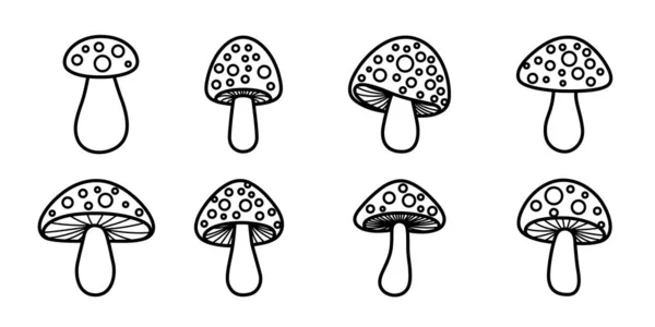 Vector Flat Mushroom Icon Set Isoliert Amanita Muscaria Fliegenpilzzeichen Pilzesammlung — Stockvektor
