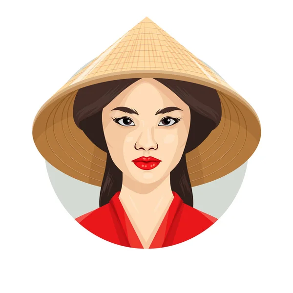 Retrato Vectorial Hermosa Mujer Asiática Joven Con Chino Sombrero Paja — Vector de stock