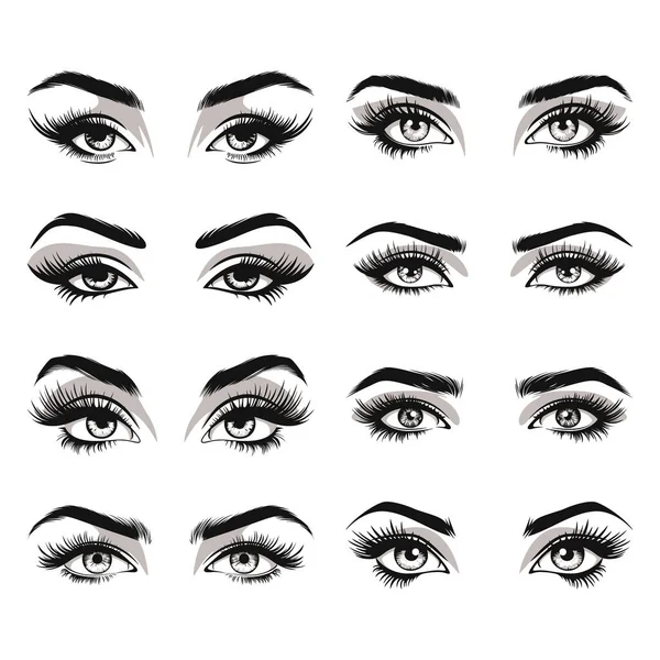 Vektorhandritade Kvinnor Kvinnliga Sexiga Ögon Perfekt Formade Ögonfransar Ögonbryn Design — Stock vektor