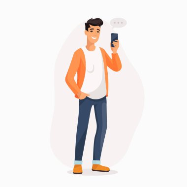Delikanlı, Genç, Akıllı Telefon ve Sohbet 'e bakıyor. Mutlu Adam, Adam konuşuyor, telefonda yazıyor. Sıradan giysiler içinde tam vücut düz çizgi film karakteri. Vektör İllüstrasyonu.