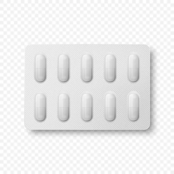 Vector Realistic Pharmaceutical Medical Pills Vitaminas Cápsula Blister Closeup Isolado —  Vetores de Stock