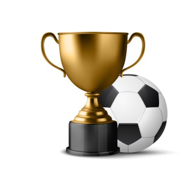 Gerçekçi Vektör 3d Blank Golden Champion Cup Icon Futbol Topu set yakın plan beyaza izole edildi. Şampiyonluk Kupası Tasarım Şablonu. Spor Turnuvası Ödülü, Altın Kupa ve Zafer Konsepti.